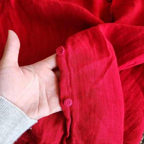 Eileen Fisher 100% Linen Top Red Womens XL Semi Sheer Minimalist Mandarin Button - Picture 11 of 12